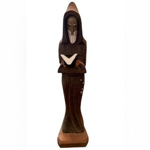 Hand Carved Wood Monk Priest Figurine Reading Bible Religious Statue 11.5”